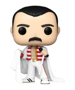 Freddie Mercury Funko Pop #414 avec cape blanche, microphone et tenue rouge et dorée