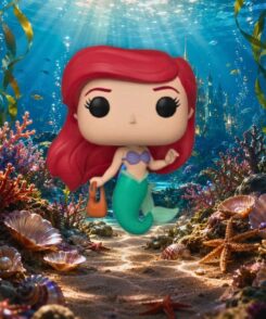 Funko Pop Ariel #563 dans un décor sous-marin féerique inspiré de La Petite Sirène avec coraux, coquillages et château marin.