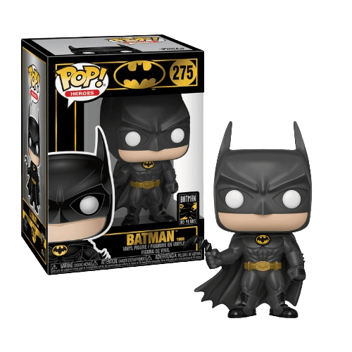 Funko Pop Batman #275 en costume noir avec batarang, à côté de sa boîte Batman 1989