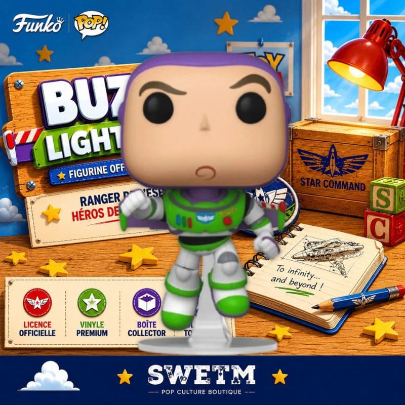 Funko Pop Buzz Lightyear 1726 dans un décor inspiré de Toy Story