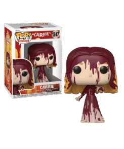Funko Pop Carrie #1247 – Figurine de Carrie White avec sa robe ensanglantée, ses cheveux roux et son visage couvert de sang, présentée avec sa boîte officielle.