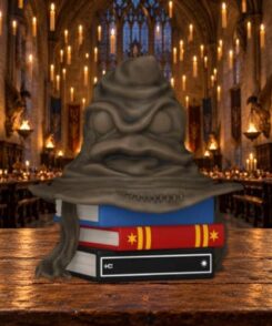 Funko Pop Choixpeau Magique #203 sur ses livres dans un décor illustratif de Grande Salle