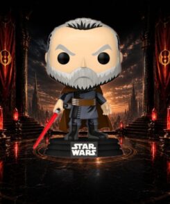 Funko Pop Comte Dooku #833 intégrée dans un décor Sith rouge et noir inspiré de Star Wars Legends