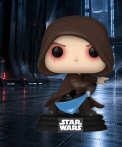 Figurine Funko Pop Dark Vador sans armure numéro 866 avec sabre bleu et socle Star Wars dans un décor métallique éclairé en bleu