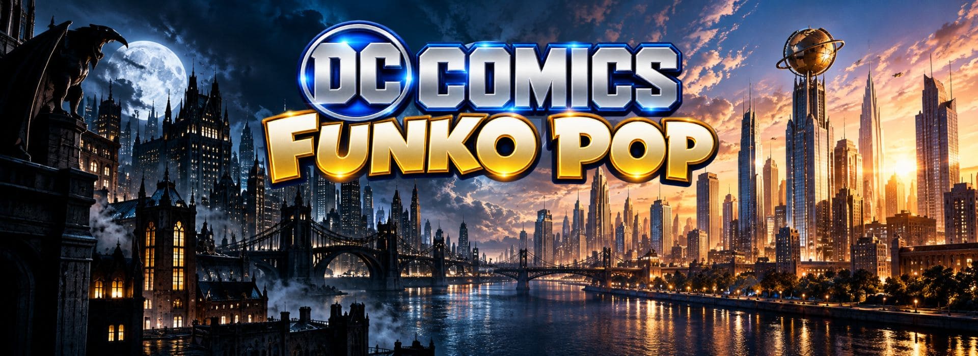 Bannière Funko Pop DC Comics : ville gothique sous la lune à gauche, métropole lumineuse à droite.
