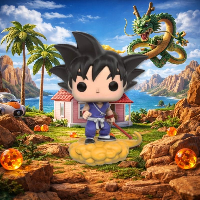 Funko Pop Goku Flying Nimbus intégrée dans un décor anime Dragon Ball Z