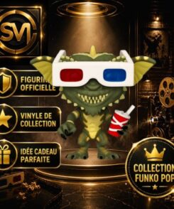 Funko Pop Gremlin #1147 avec lunettes 3D et gobelet de soda présentée sur un socle premium dans une vitrine inspirée du cinéma fantastique, avec badges de collection et branding SWETM.