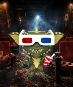 Funko Pop Gremlin #1147 avec lunettes 3D et soda dans une salle de cinéma des années 80 inspirée de l’univers du film Gremlins, décor immersif réalisé par SWETM.