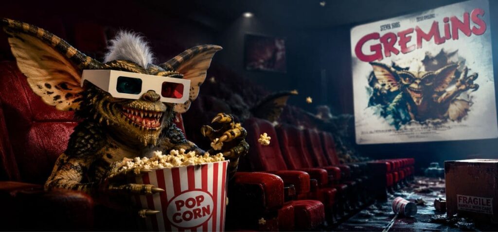 Funko Pop Gremlin 1147 mise en scène dans une salle de cinéma inspirée de l'univers de Gremlins, avec une ambiance fantastique rappelant la célèbre scène des lunettes 3D.