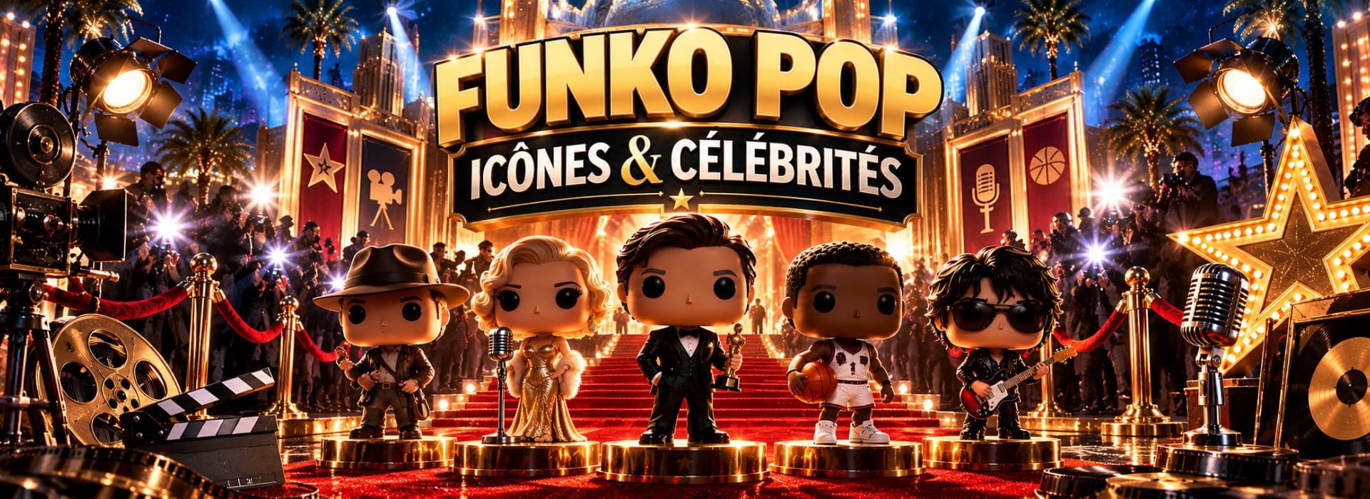 Bannière Funko Pop Icônes & Célébrités avec cinq figurines de collection sur un tapis rouge évoquant le cinéma, la musique et le sport