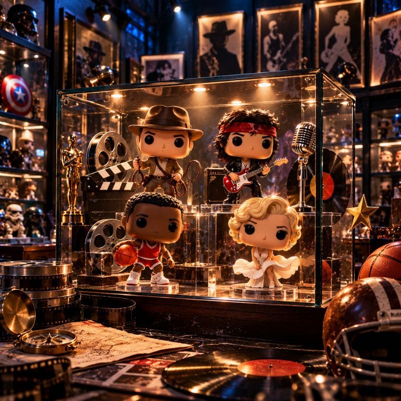Collection de figurines stylisées évoquant les icônes du cinéma, de la musique, du sport et de la culture populaire dans un musée privé