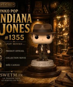 Funko Pop Indiana Jones #1355 exposée dans un cabinet de curiosités inspiré de l’univers des grandes aventures archéologiques, mettant en valeur cette figurine officielle Funko POP! Movies dans un décor premium de collection.