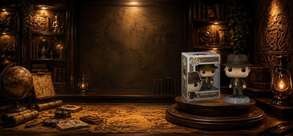 Funko Pop Indiana Jones #1355 et sa boîte officielle présentées sur un socle dans un prestigieux cabinet d’explorateur inspiré des grandes aventures archéologiques, avec une ambiance chaleureuse et cinématographique.