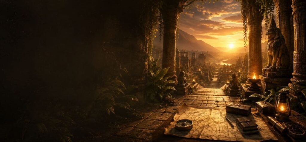 Ancien sanctuaire monumental baigné par un coucher de soleil doré, avec colonnes sculptées, statues antiques, cartes d’exploration et vallée mystérieuse, inspiré de l’univers d’Indiana Jones pour accompagner la Funko Pop Indiana Jones #1355.