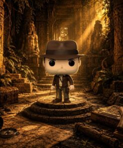 Funko Pop Indiana Jones #1355 mise en scène dans un ancien temple oublié, entourée de colonnes sculptées, de statues antiques, de torches et d’une lumière dorée évoquant les grandes aventures archéologiques de la saga Indiana Jones.