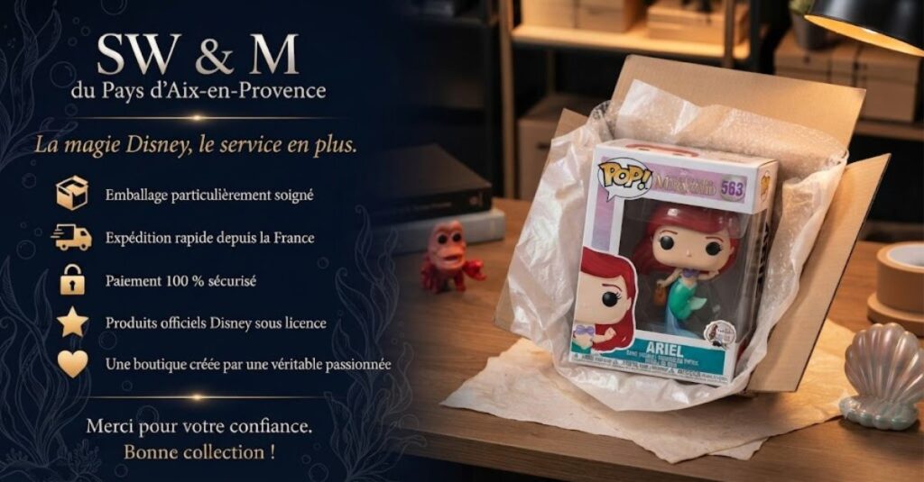 Funko Pop Ariel #563 de Disney soigneusement emballée dans un carton d’expédition avec protections, illustrant la qualité de préparation des commandes SWETM.