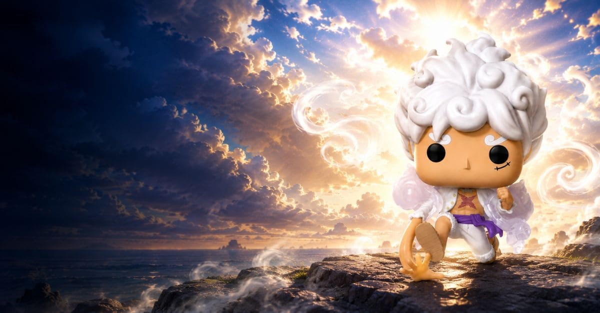 Bannière Funko Pop Luffy Gear 5 dans une ambiance épique inspirée de One Piece