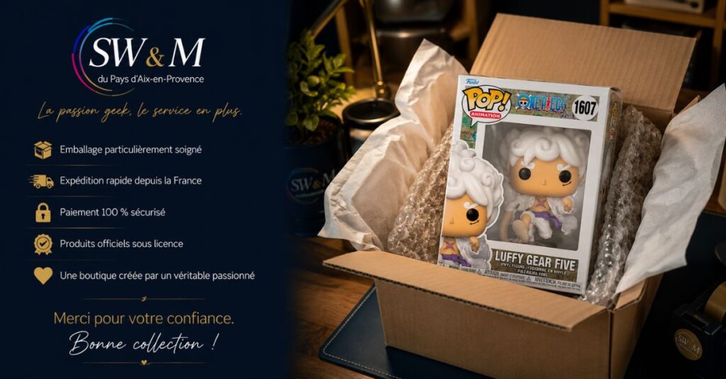 Funko Pop Luffy Gear 5 soigneusement préparée par SW & M du Pays d’Aix-en-Provence