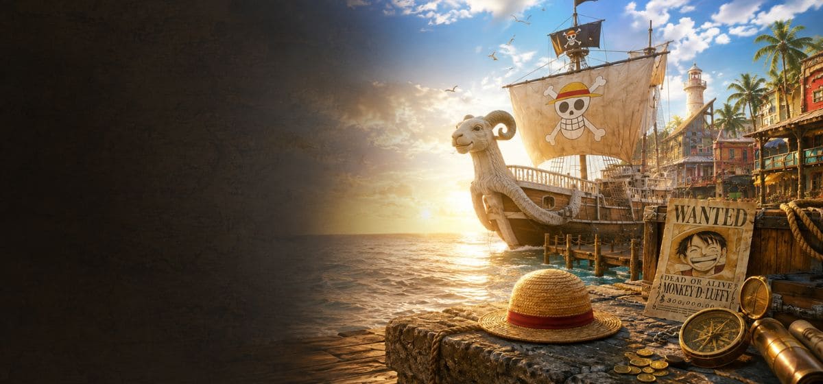 Décor cinématographique inspiré de la série live-action One Piece de Netflix montrant un port tropical baigné par la Golden Hour, un majestueux navire inspiré du Going Merry, un avis de recherche de Monkey D. Luffy, son chapeau de paille, une boussole et l'appel du large avant le départ vers Grand Line.