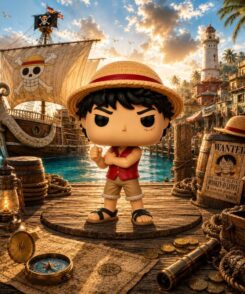 Funko Pop Luffy Netflix #1878 dans un décor cinématographique inspiré de One Piece, sur un quai de port tropical avec voilier, phare, eau turquoise et ambiance d’aventure.