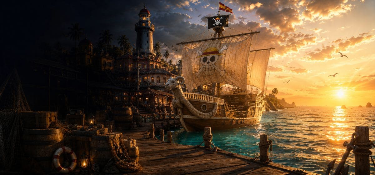 Décor cinématographique inspiré de One Piece Netflix représentant le Going Merry amarré dans un port tropical au coucher du soleil, prêt à prendre la mer vers Grand Line.