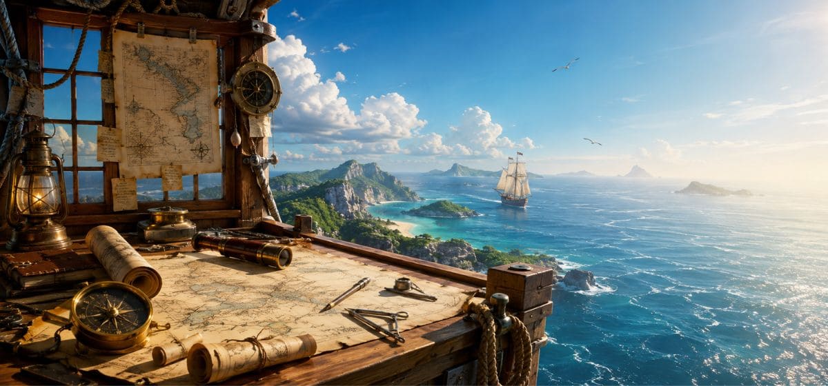 Carte marine, boussole et instruments de navigation face à l’océan dans l’univers One Piece de Nami