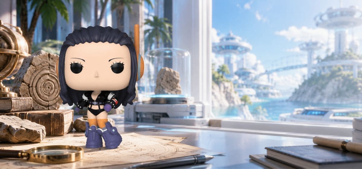 Funko Pop Nico Robin #2137 mise en scène dans un environnement futuriste inspiré d’Egghead, entre vestiges anciens et technologie.