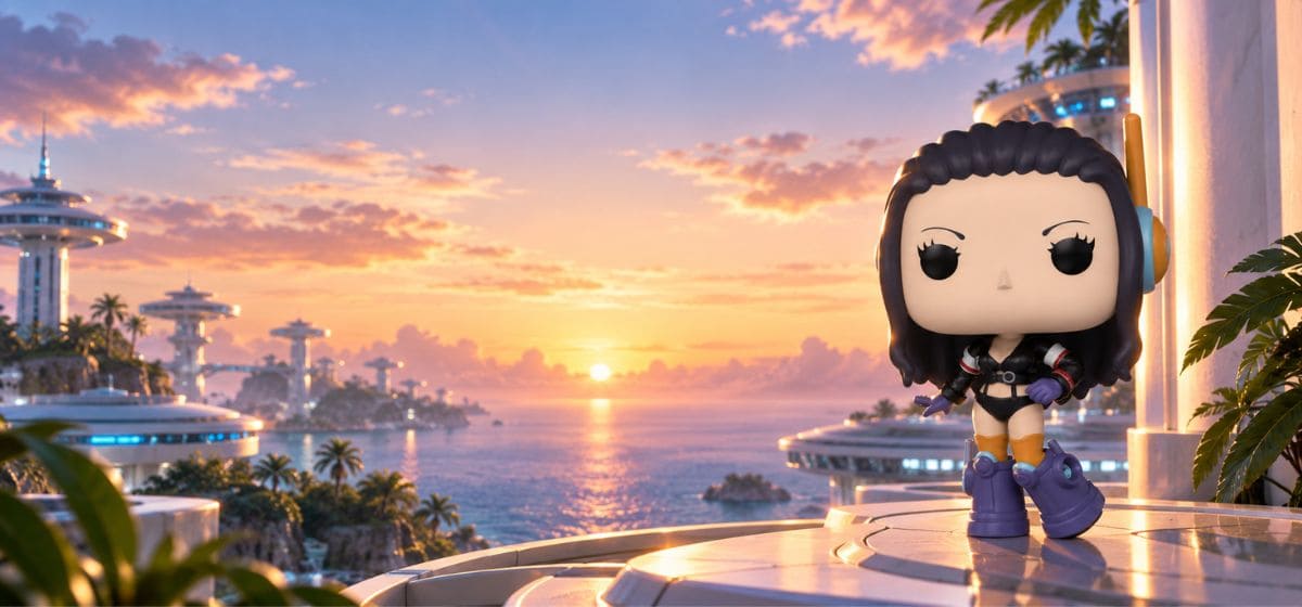 Funko Pop Nico Robin #2137 dans un décor futuriste inspiré d’Egghead au coucher du soleil