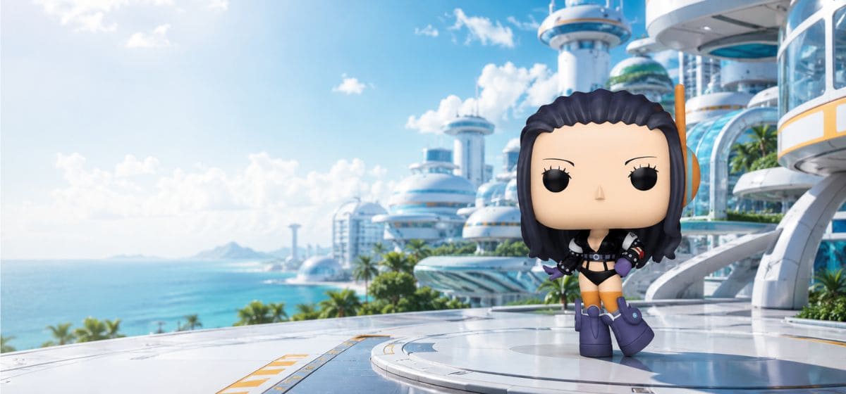 Funko Pop Nico Robin #2137 mise en scène dans un décor futuriste lumineux inspiré de l’arc Egghead de One Piece.
