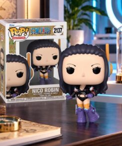 Funko Pop Nico Robin #2137 One Piece exposée avec sa boîte dans un espace de collection contemporain aux accents futuristes inspirés d’Egghead.
