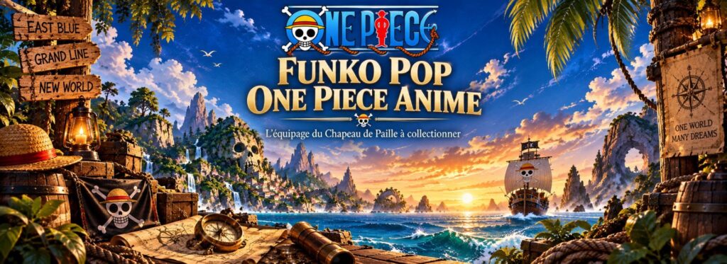 Collection Funko Pop One Piece Anime dans un décor maritime inspiré de Grand Line