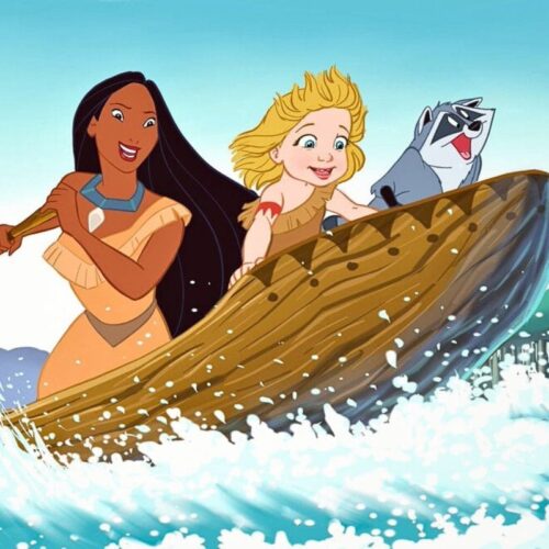 Illustration de Pocahontas et Meeko à bord d’une pirogue