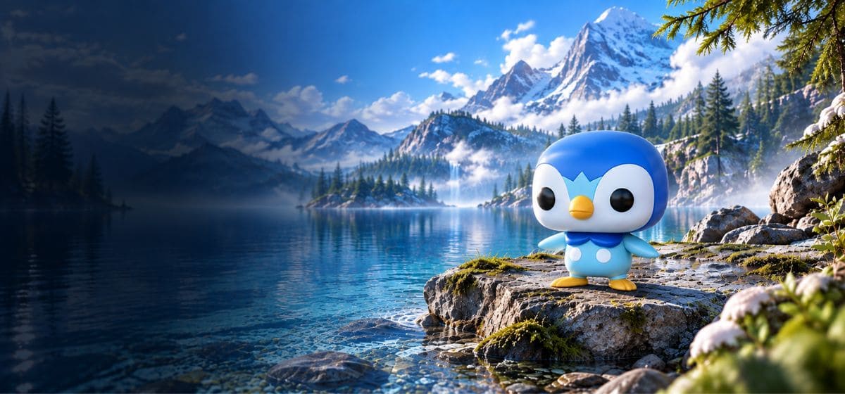 Funko Pop Pokémon Tiplouf #865 dans un paysage inspiré de Sinnoh