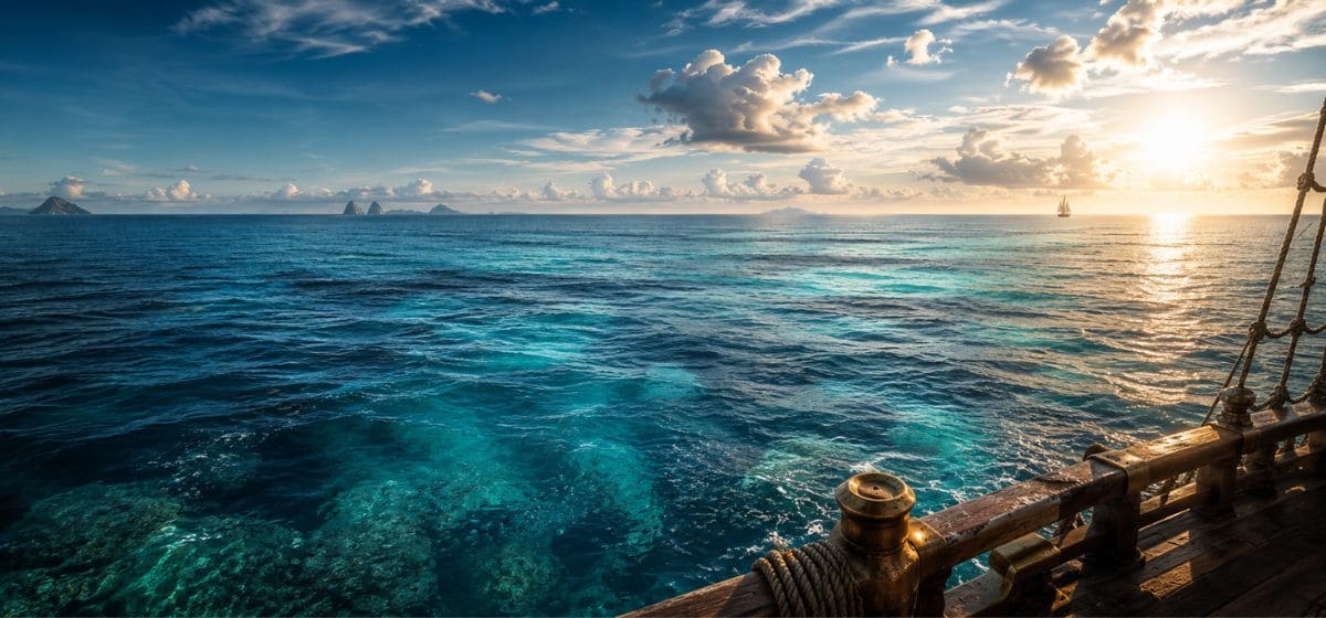 Horizon marin évoquant l'All Blue de One Piece live-action, entre océan turquoise, îles lointaines et voilier au large