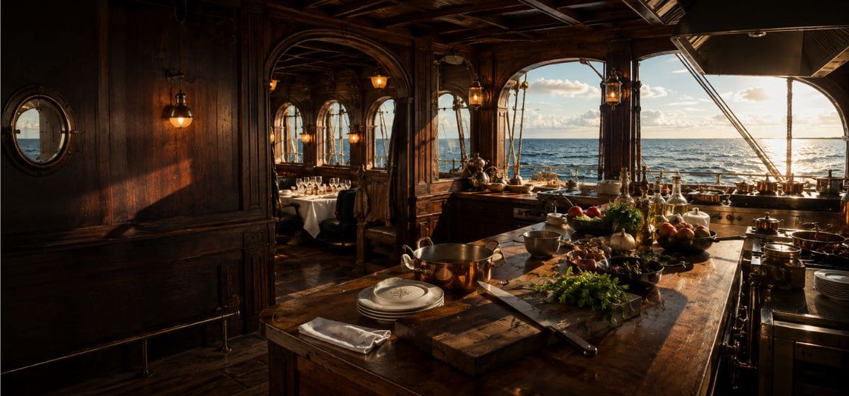 Décor du Baratie inspiré de One Piece live-action avec cuisine maritime, ustensiles en cuivre et océan en arrière-plan