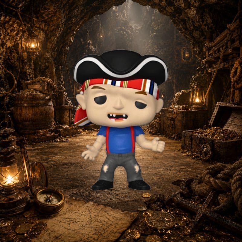 Funko Pop Sinok #1065 mise en scène dans une salle secrète inspirée de l’univers des Goonies avec coffres anciens, carte au trésor, boussole et lanternes.
