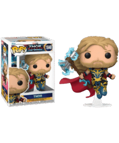 Funko Pop Thor #1040 avec sa boîte, en armure bleue et dorée, cape rouge et hache entourée d’éclairs bleus.