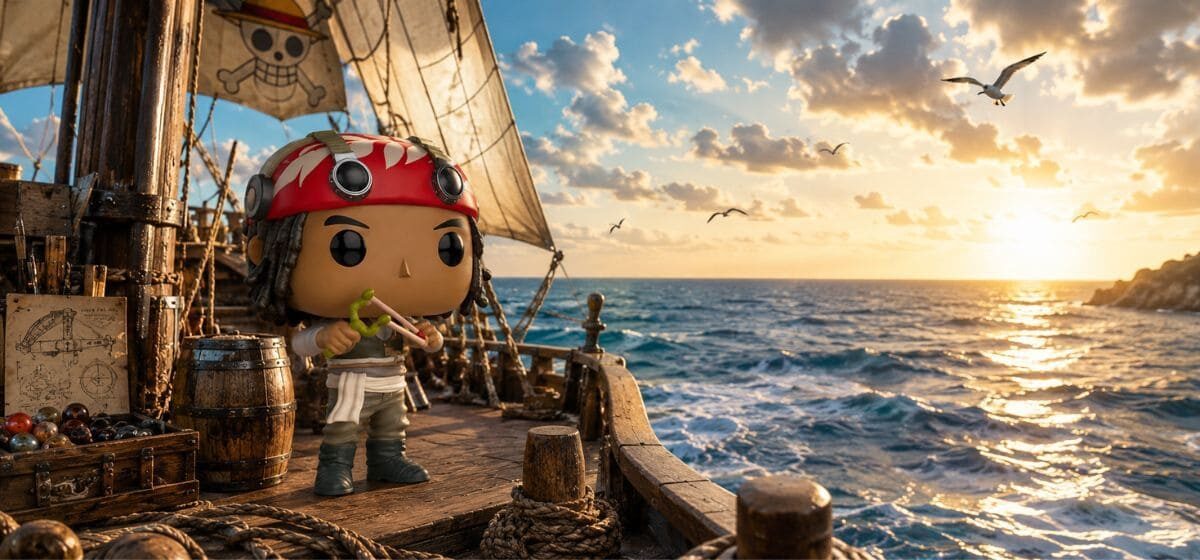 Funko Pop Usopp #1882 sur un navire en pleine mer dans l’univers One Piece Netflix