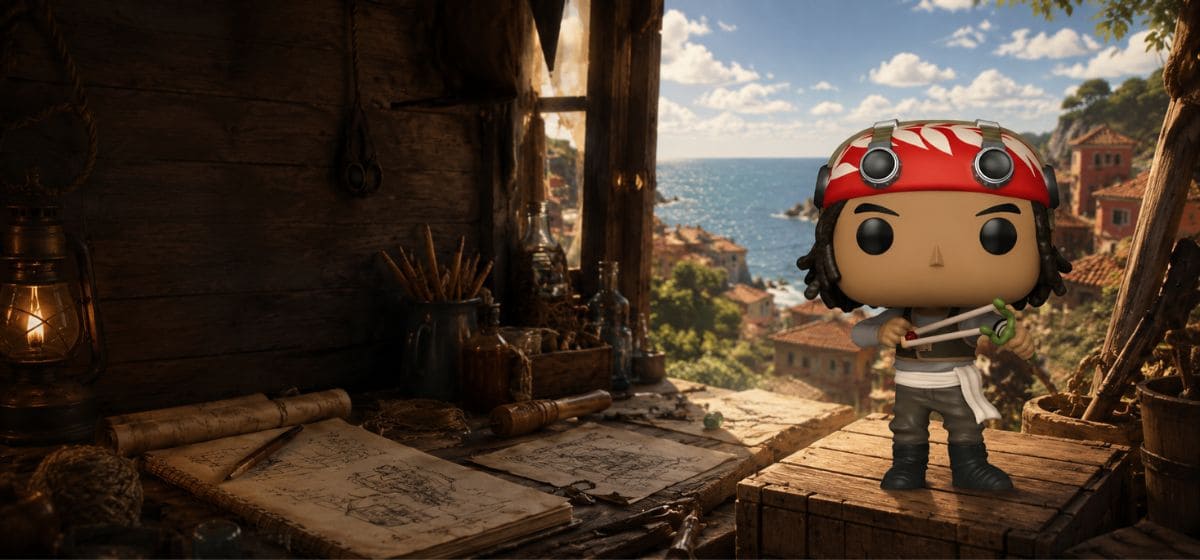 Funko Pop Usopp #1882 One Piece Netflix dans un atelier côtier avec outils, croquis et mer en arrière-plan