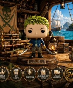 Funko Pop Zoro #1879 One Piece Netflix dans un décor de navire avec sabres, univers de collection et services SWETM