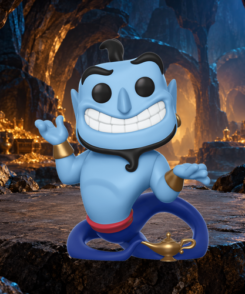 Funko Pop Génie #476 avec sa lampe dans un décor illustratif de caverne aux trésors