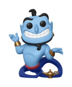 Figurine Funko Pop Génie #476 bleue avec sourire, bracelets dorés et lampe à la base