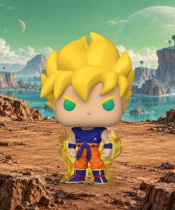 Funko Pop Goku Super Saiyan #860 dans un paysage illustratif inspiré de Namek non fourni