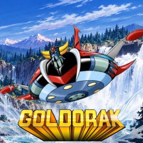 Goldorak à bord du Spazer survole une cascade dans un paysage de montagnes et de forêts.