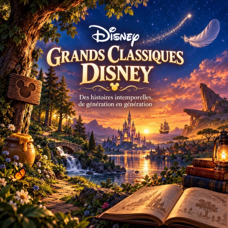 Grands classiques Disney dans un paysage féerique avec château, forêt et livre de contes