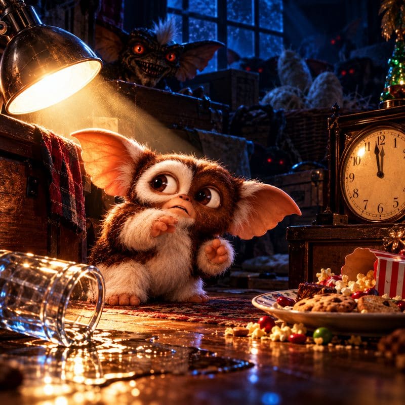 Gizmo et les trois règles du Mogwaï dans Gremlins : lumière, eau et nourriture après minuit