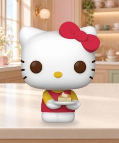 Figurine officielle Hello Kitty #89 avec plateau de gâteau dans un décor illustratif de salon de thé pastel