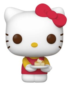 Funko Pop Hello Kitty #89 seule avec nœud rouge, tenue rouge et jaune et plateau de gâteau
