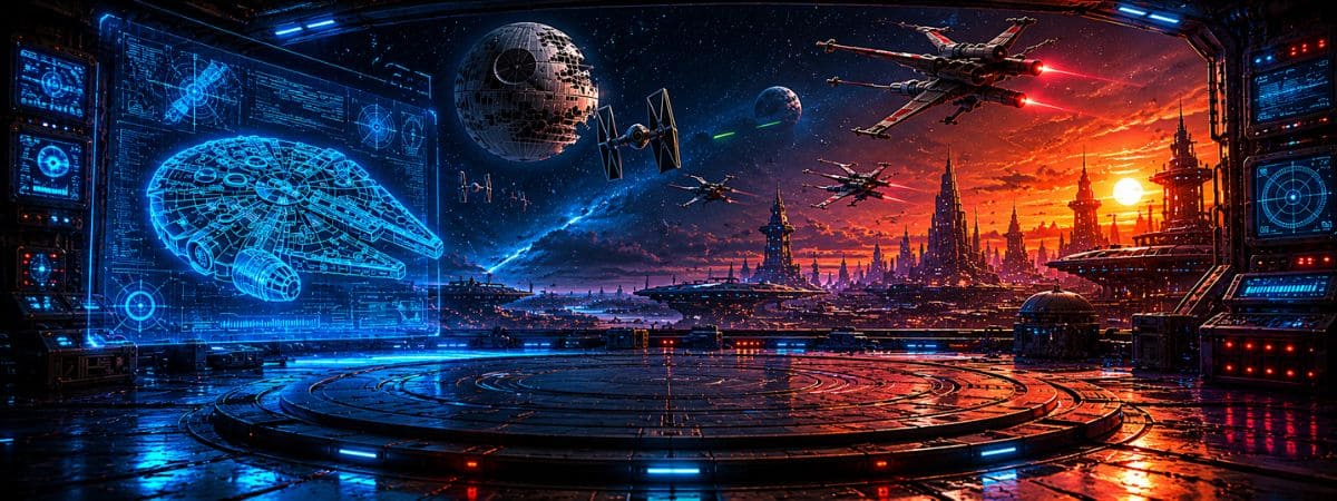 Décor spatial Star Wars hangar futuriste ambiance science fiction