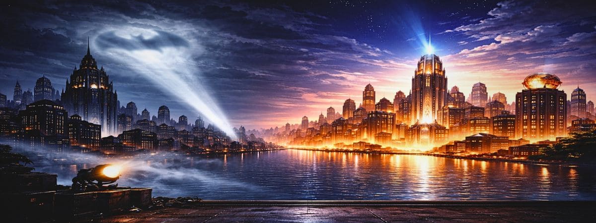 Ville futuriste DC Comics avec skyline illuminée et projecteur dans le ciel ambiance Gotham Metropolis